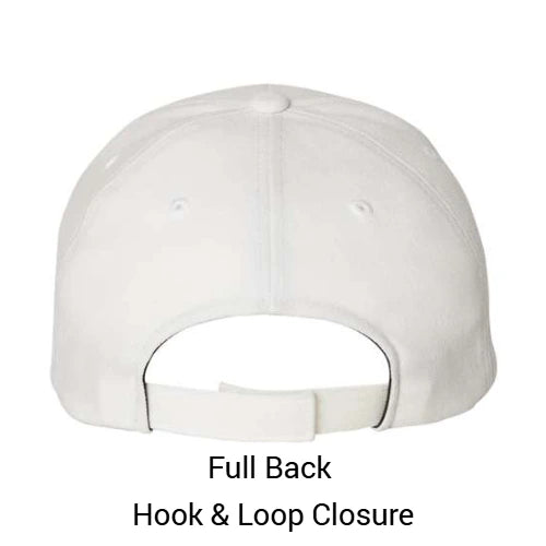 White cap with full back and hook & loop closure on a white background