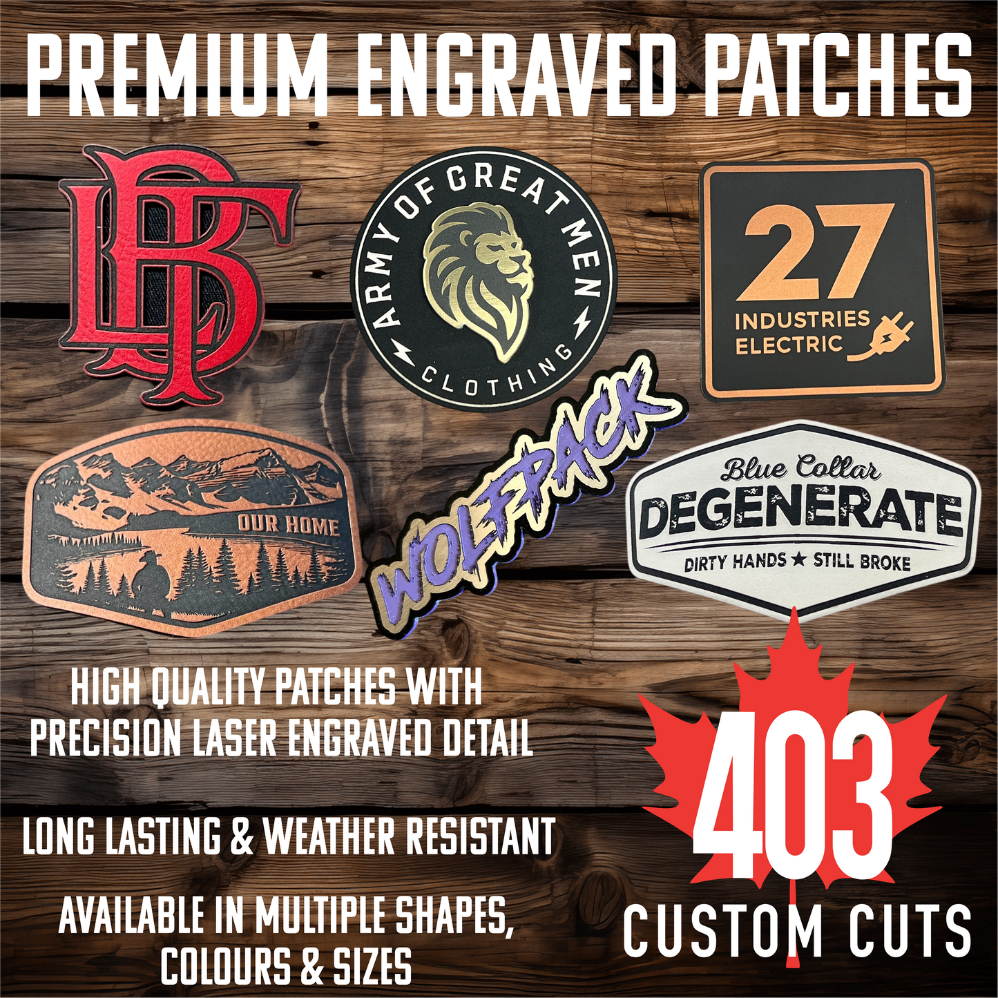 Showcase of custom leatherette patches featuring precision laser-engraved logos, diverse shapes, and high-contrast colors by 403 Custom Cuts in Calgary, Canada.