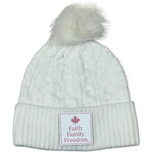 Faith. Family. Freedom. Women’s Pom Beanie – Winter Knit Luxury Edition-Charcoal-White 403 Custom Cuts