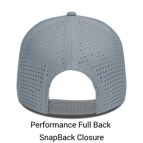 Gray baseball cap with performance full back and snapback closure on a white background