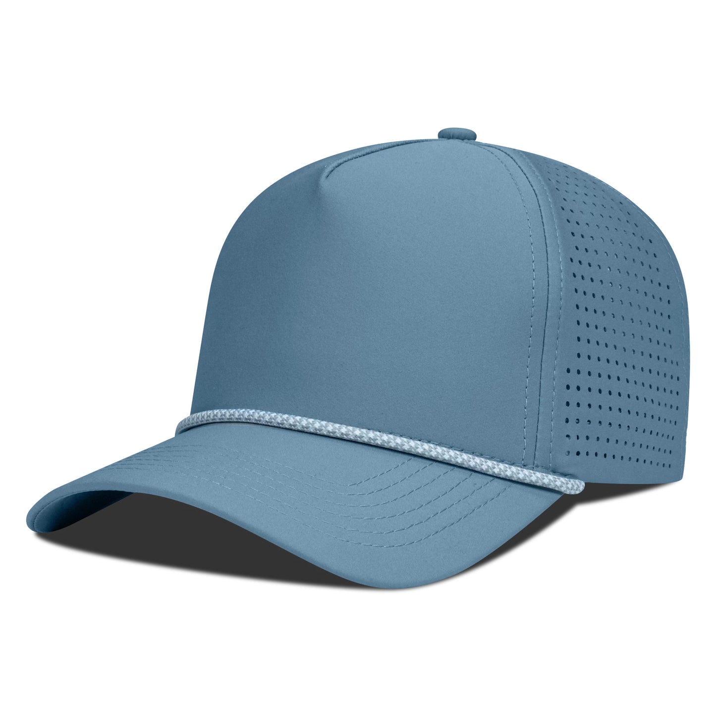 Blue baseball cap with mesh design on a white background