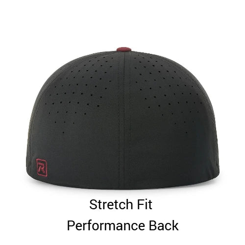 Black baseball cap with perforated design on a white background