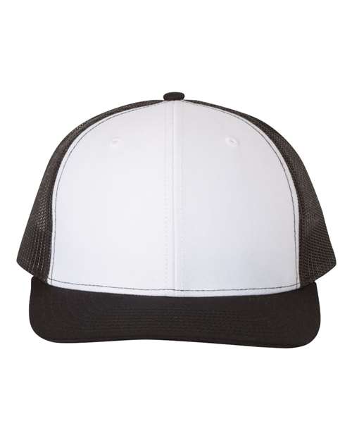 Custom Richardson 112 Black and white trucker cap on a white background