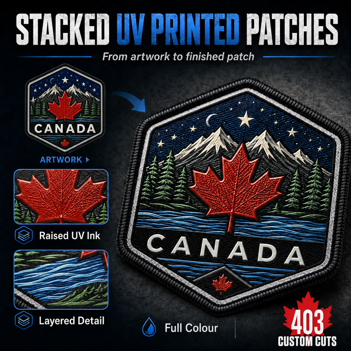 STACKED - Custom Full Colour UV Printed Patches