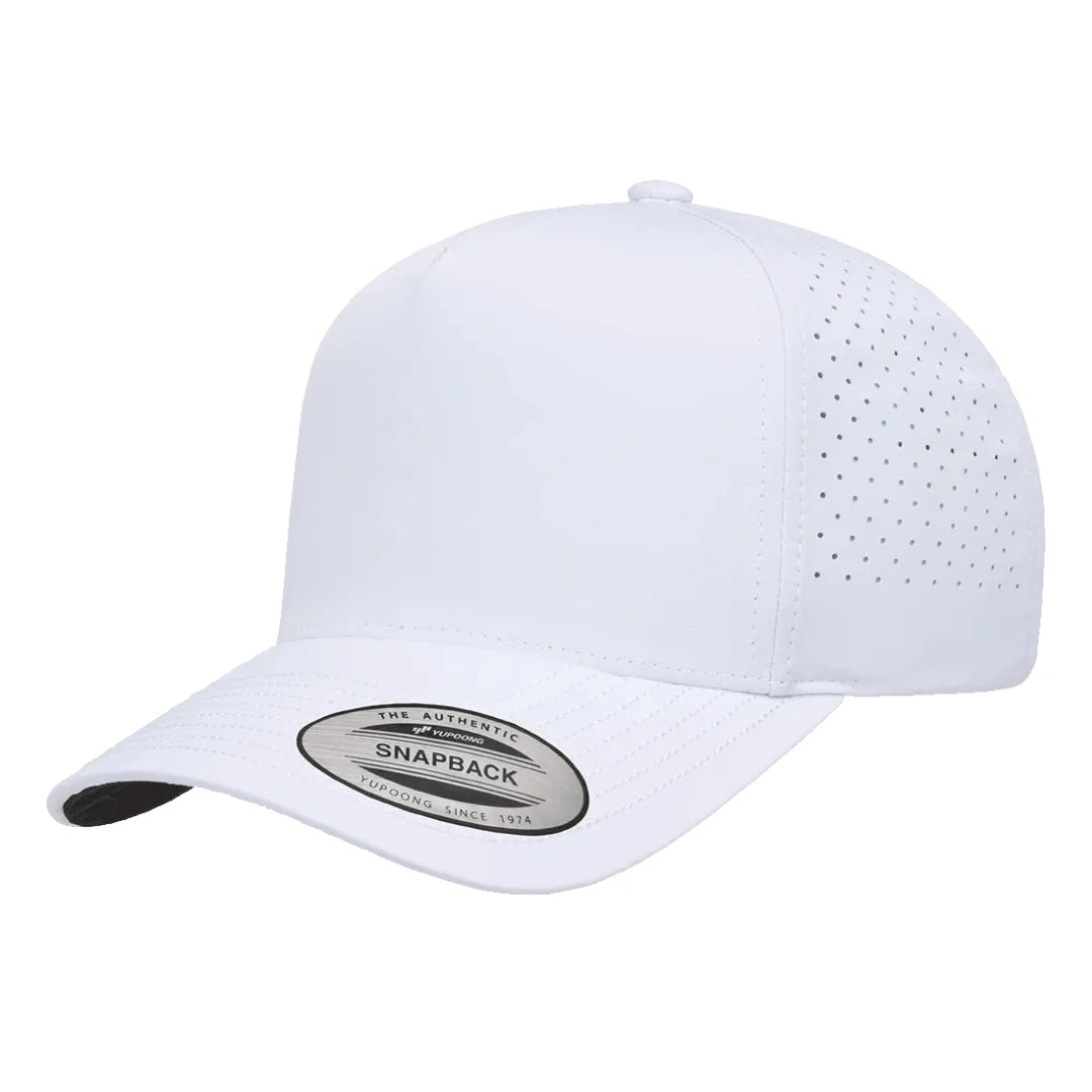 Yupoong 5389AP - 5 Panel Perforated Snapback Hat-Heather Grey-Black-Navy-White 403 Custom Cuts