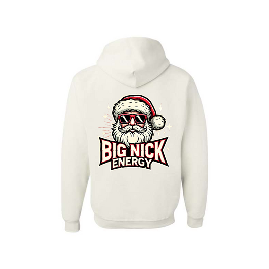 White Big Nick Energy graphic hoodie, back view showing the Santa skull Christmas graphic.