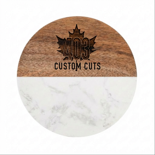 Round marble and wood coaster with an engraved 403 Custom Cuts logo.