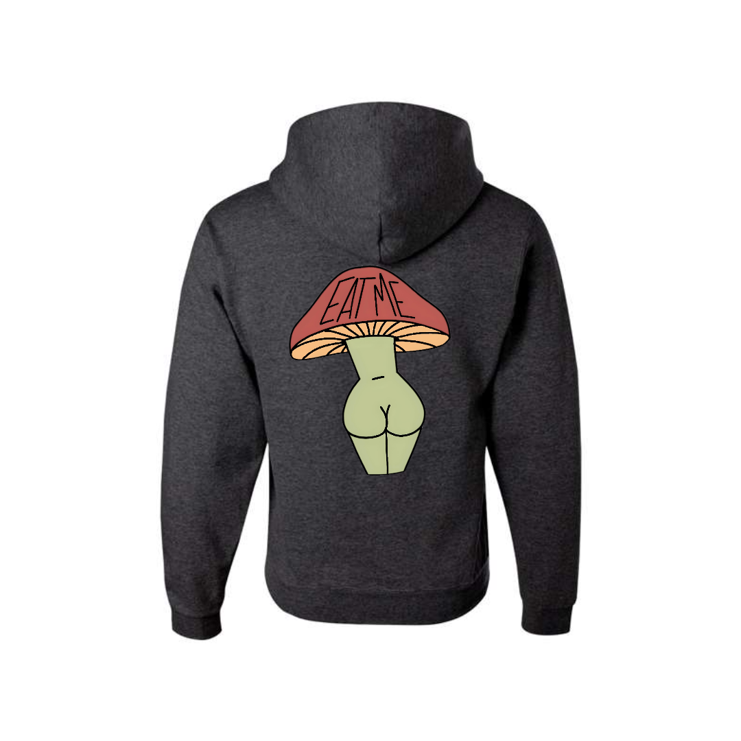 Heather Black Eat Me Mushroom Butt graphic hoodie, back view showing the mushroom character graphic.