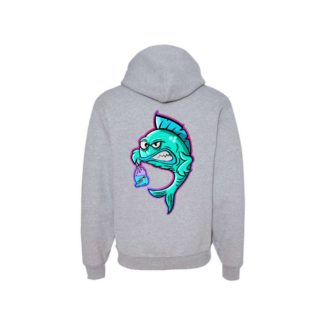 Athletic Heather Fishy Revenge graphic hoodie, back view showing the colourful fish graphic.