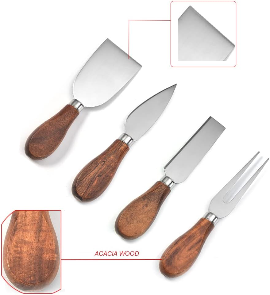 Four stainless steel cheese tools with acacia wood handles and a close-up of the wood grain.