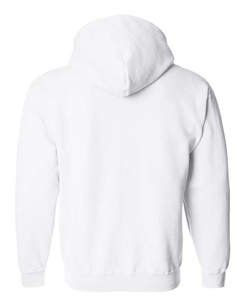 Gildan 18600 Heavy Blend full-zip hoodie in White, back view showing the hood, long sleeves and ribbed hem.