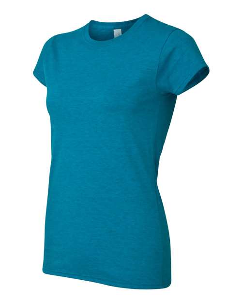Gildan 64000L Softstyle women's T-shirt in Antique Sapphire, angled front view showing the crew neckline and short sleeves.