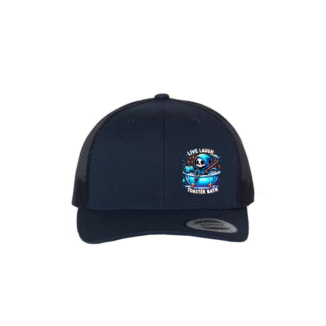 Live, Laugh, Toaster Bath 6-panel trucker hat in navy, front product mockup showing a colourful Grim Reaper bathtub patch.