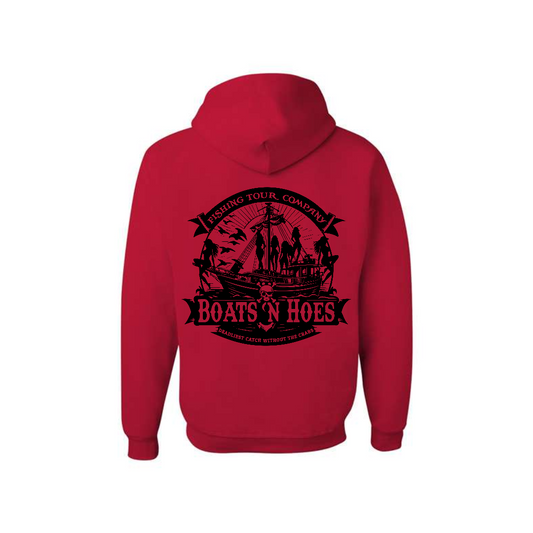 True Red Prestige Worldwide Boats and Hoes graphic hoodie, back view showing the boats and hoes graphic.