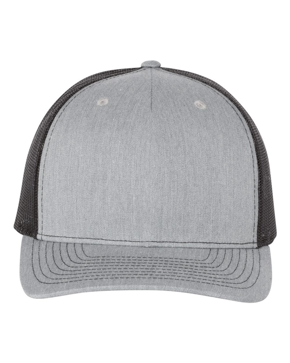 Richardson 112FP five-panel trucker hat in Heather Grey / Black, alternate front view.