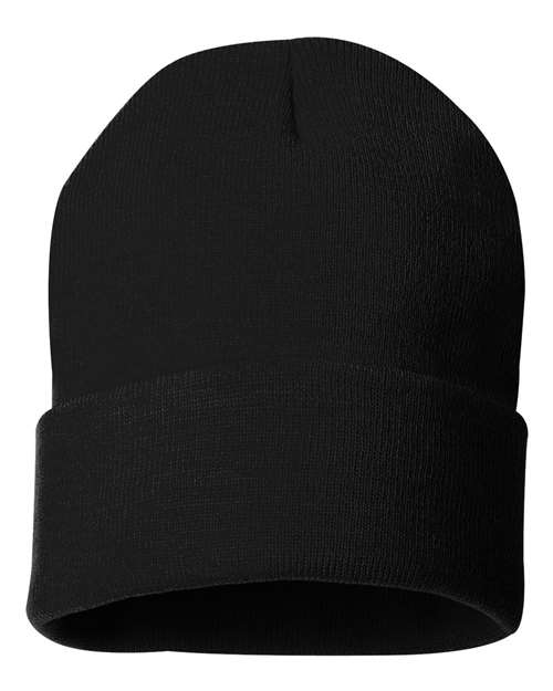 Solid cuffed knit toque in Black, back view.