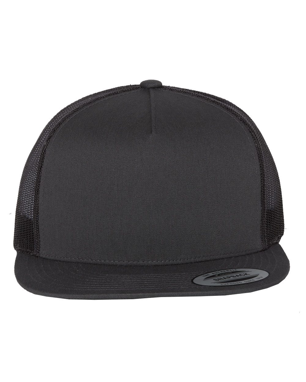 Yupoong 6006 flat brim trucker hat in Black, alternate front view.