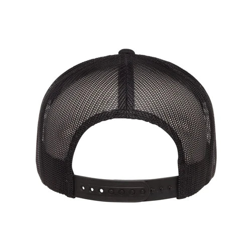 Rear view of black Yupoong 6006 trucker hat showing mesh back and adjustable snap closure