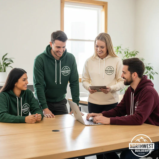 Diverse group of employees wearing professional branded hoodies in a modern office - Premium custom hoodies for Canadian businesses with Calgary local pick-up.