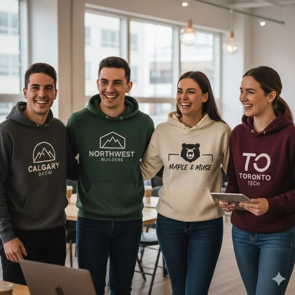 Four professionals wearing premium custom hoodies with branded logos in Calgary, Alberta - High-quality custom hoodies Canada shipping