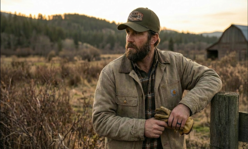 A Man on the prairies wearing a Custom Leather Patch Hat in Canada. 