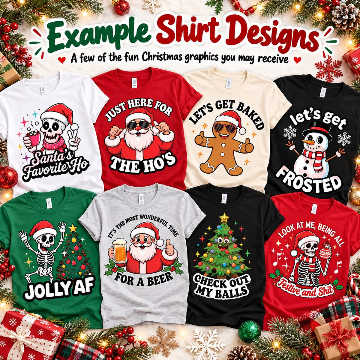 Eight Christmas Roulette T-shirt design examples featuring funny Santa, snowman, gingerbread, skeleton and Christmas tree graphics.