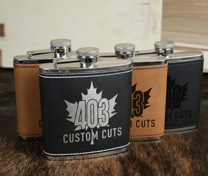4 Pack - Premium Customized 6oz Flasks - Your Logo-Black - Engraves to Silver-Black - Engraves to Black-Buckskin - Engraves to Black-Walnut - Engraves to Black 403 Custom Cuts