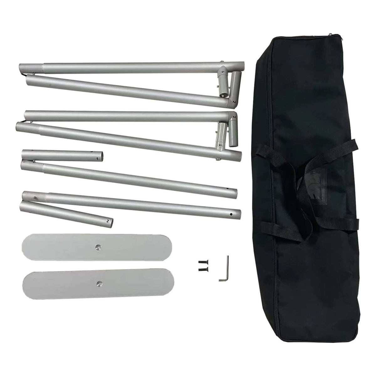 Disassembled silver tension-fabric backdrop frame with two flat feet, fixing screws, Allen key and black carry bag