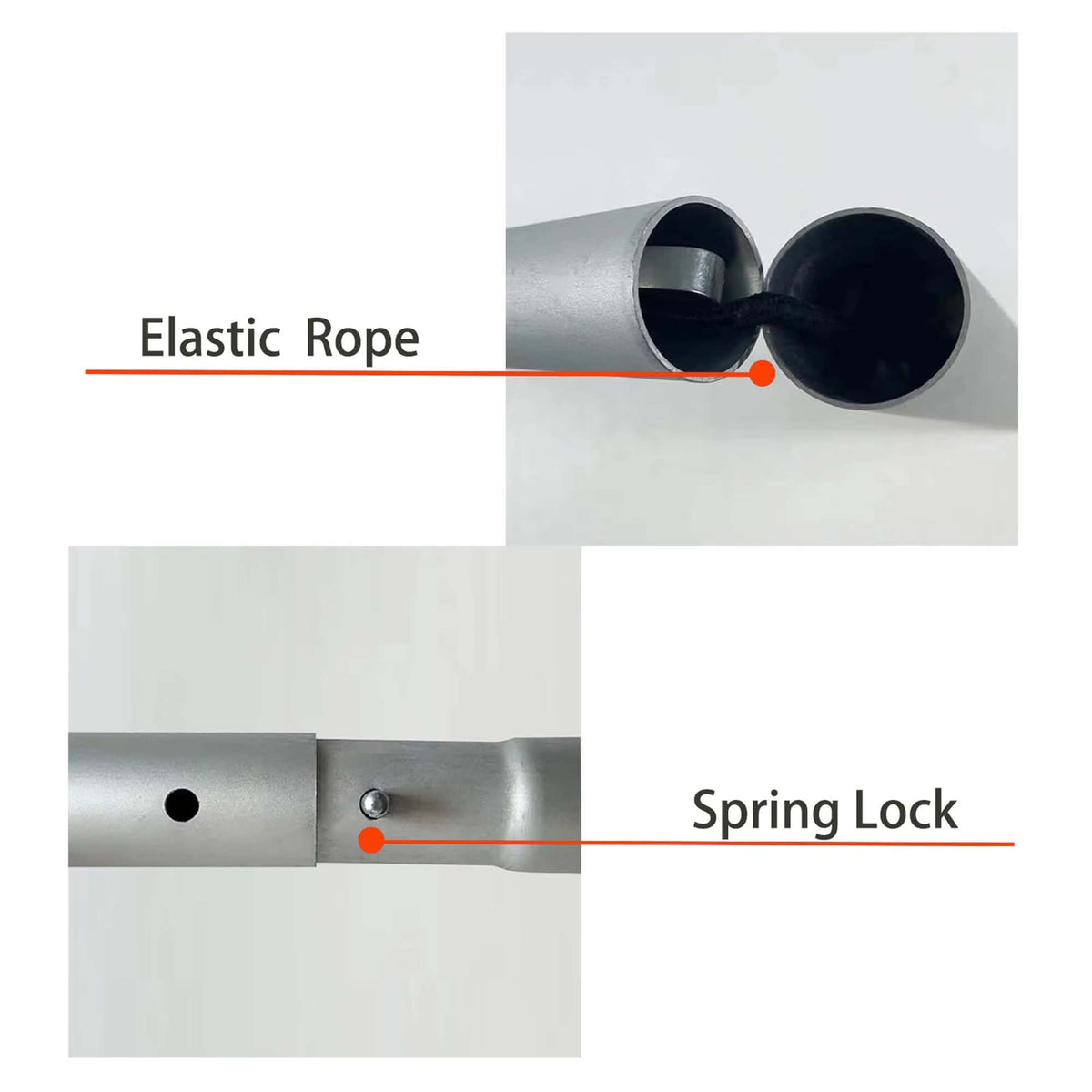 Close-up of silver backdrop-frame tube sections showing the internal elastic cord and spring-lock connection