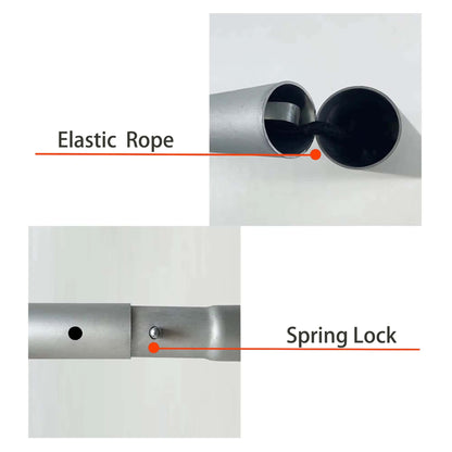 Close-up of silver backdrop-frame tube sections showing the internal elastic cord and spring-lock connection