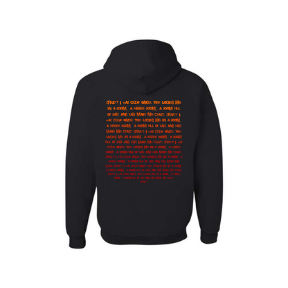 Black hoodie with red text on the back against a white background