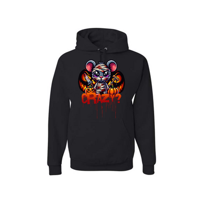 Black hoodie with a graphic design of a cartoon character in a mask and the text 'CRAZY?' on a white background.