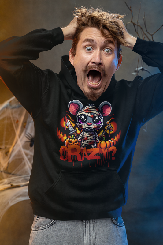 Person wearing a hoodie with a graphic design and text, standing against a dark background.