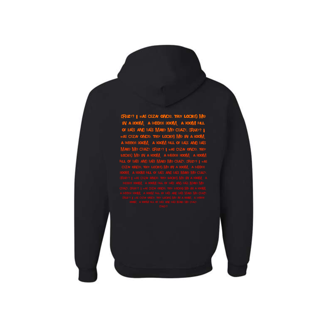 Black hoodie with red text on the back against a white background