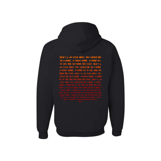 Black hoodie with red text on the back against a white background