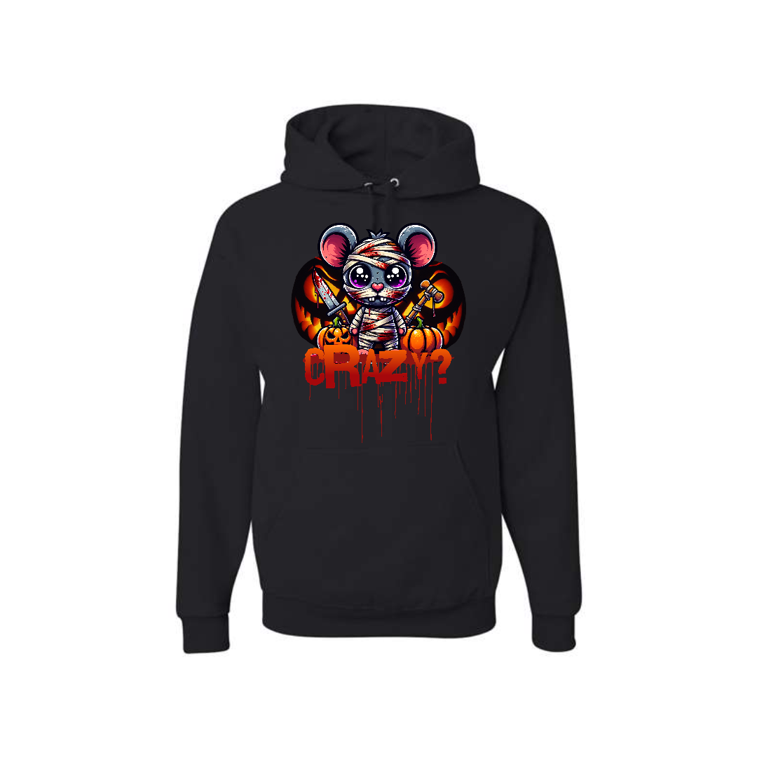 Black hoodie with a graphic design of a cartoon character in a mask and the text 'CRAZY?' on a white background.