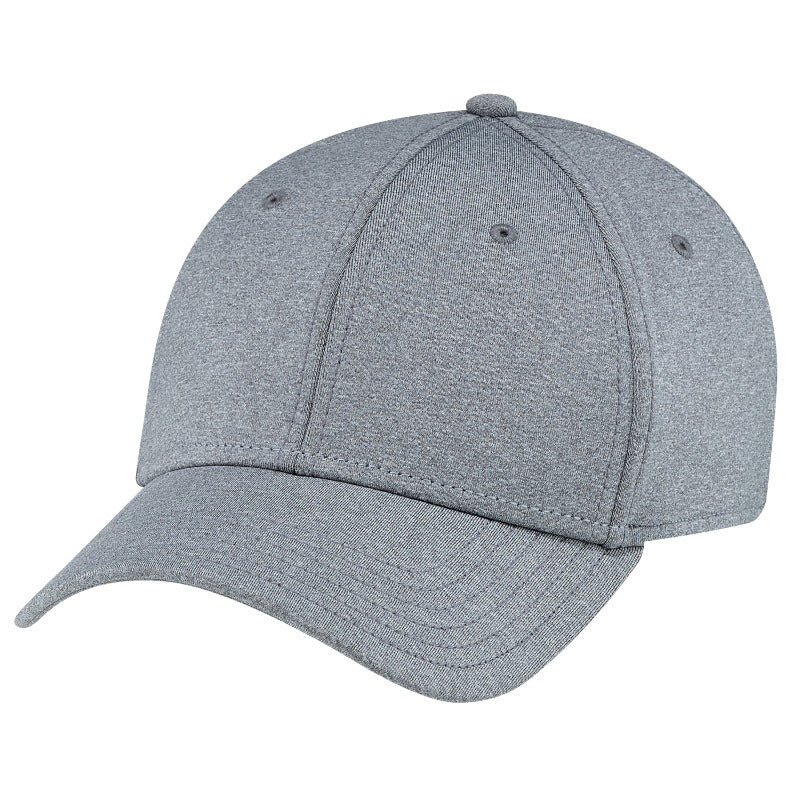 Grey AJM AC5018 custom fitted hat. A heather gray six-panel baseball cap with a curved brim, shown on a solid white background.