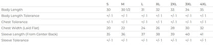 Size chart for clothing with measurements in centimeters