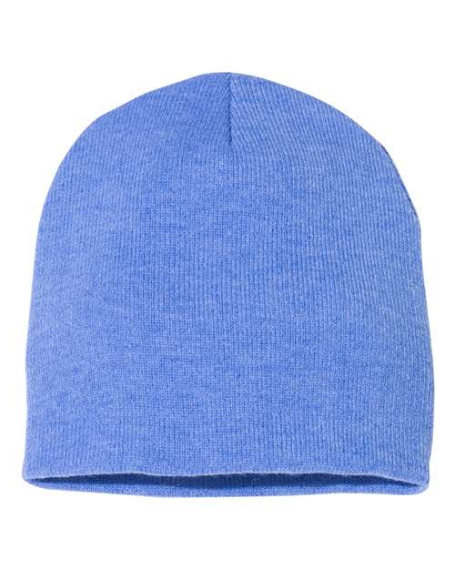 Blue knit beanie on a white background