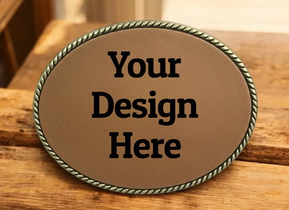 Customized Bronze Belt Buckle with a leather patch with your design.