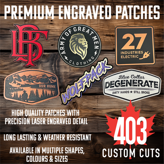 Showcase of custom leatherette patches featuring precision laser-engraved logos, diverse shapes, and high-contrast colors by 403 Custom Cuts in Calgary, Canada.