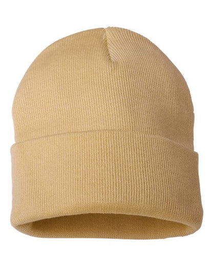 Beige knit beanie on a white background