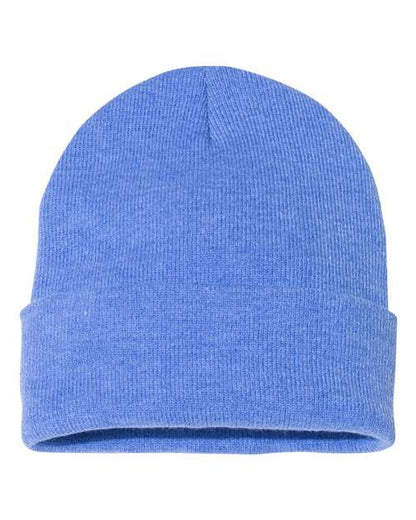 Blue knit beanie on a white background
