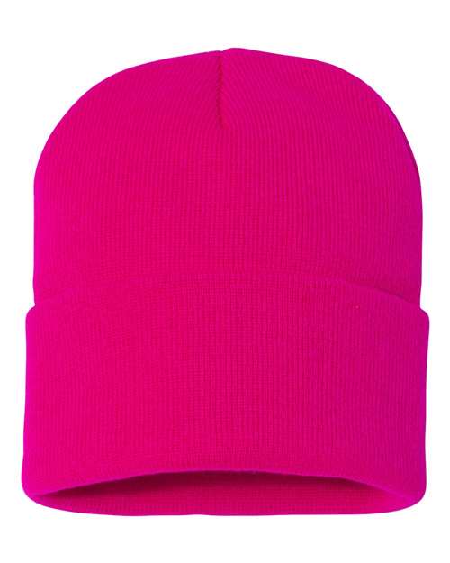 Bright pink beanie on a white background