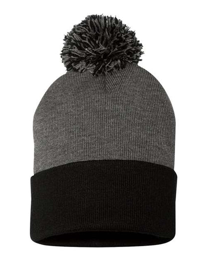 Gray and black beanie with pom-pom on a white background