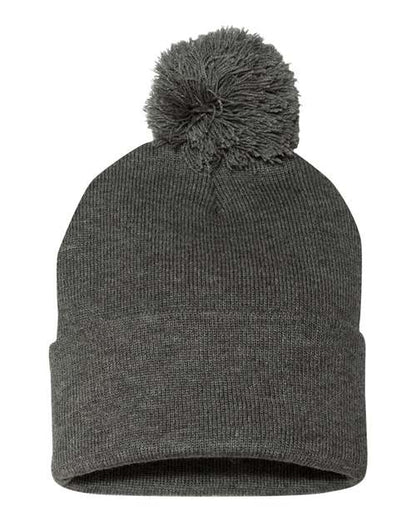 Gray knit beanie with pom-pom on a white background