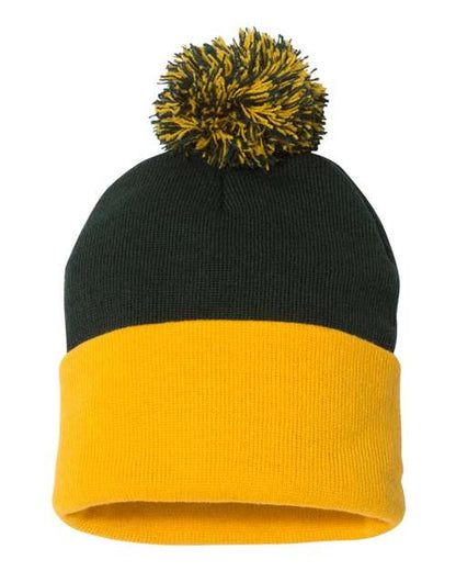 Black and yellow beanie with a pom-pom on a white background
