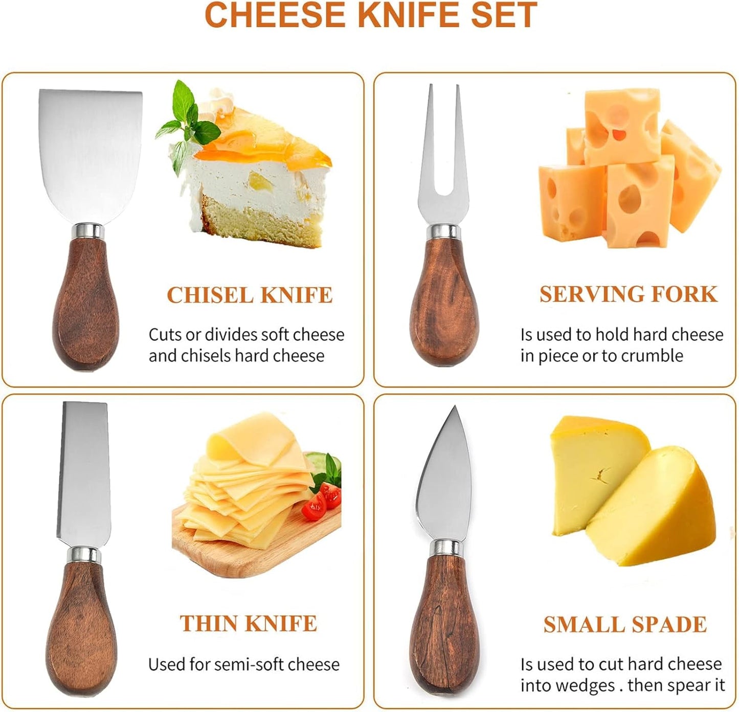 Complete stainless steel cheese knife collection featuring high-quality blades by 403 Custom Cuts.