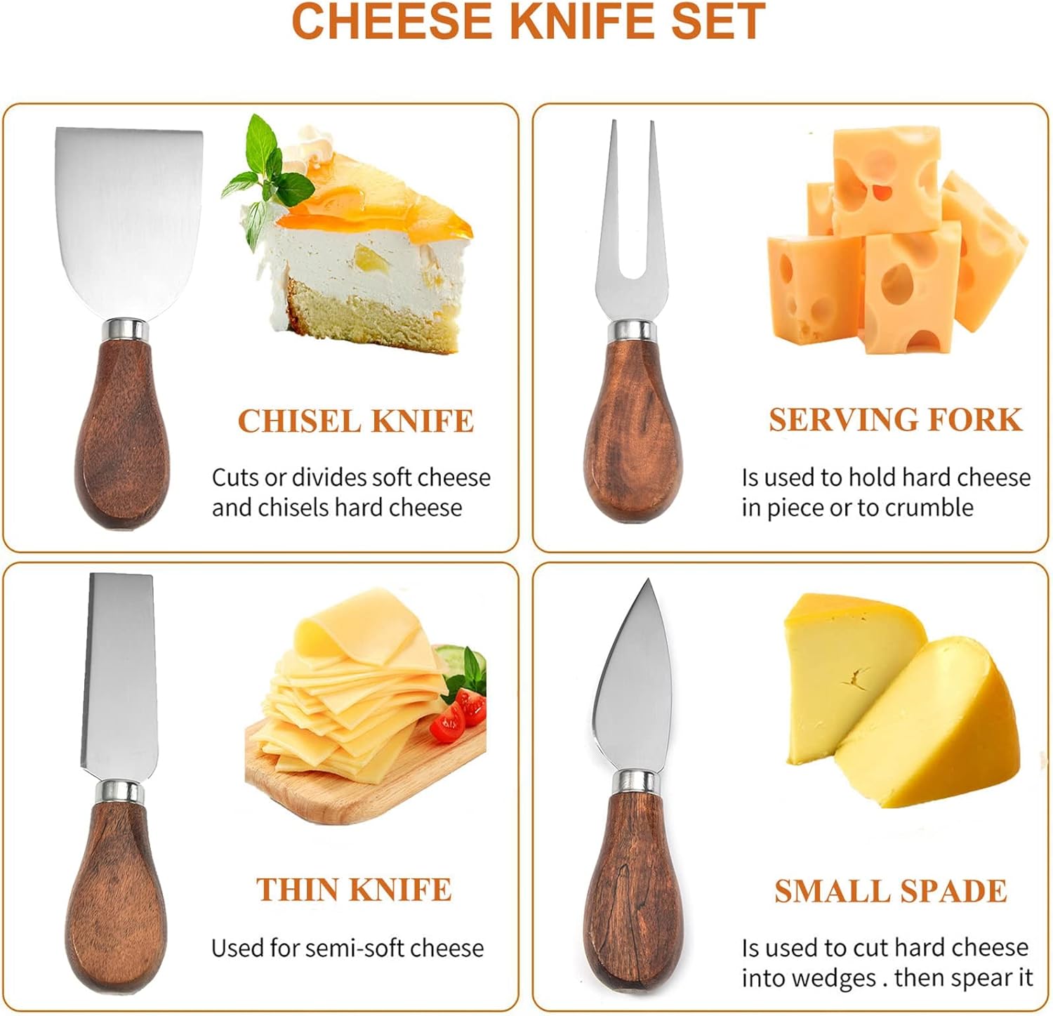 Complete stainless steel cheese knife collection featuring high-quality blades by 403 Custom Cuts.