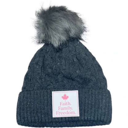 Faith. Family. Freedom. Women’s Pom Beanie – Winter Knit Luxury Edition-Charcoal-White 403 Custom Cuts